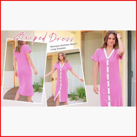 Ribbed Knit Midi Dress Short Sleeve V-Neck Casual Party Wear - Picture 6 of 7